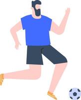 Bearded man wearing a blue t shirt and dark shorts, running energetically while kicking a soccer ball, showcasing a vibrant and dynamic scene of soccer play in a colorful illustration vector