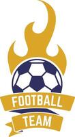 Football team logo featuring a burning soccer ball with flames and two ribbons with the words football and team written on them, creating a dynamic and passionate emblem vector