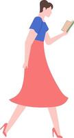 Young woman walking in high heels while holding a book, savoring her leisure time and enjoying the joy of reading in a simple, colorful flat illustration vector