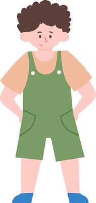 Full length illustration of a young boy standing with his hands on his hips, wearing green overalls and a short sleeved t shirt, conveying a sense of confidence and childhood energy