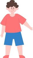 Full length illustration of a smiling young boy with open arms, dressed in a salmon t shirt, blue shorts, and salmon socks, exuding a friendly and welcoming vibe vector