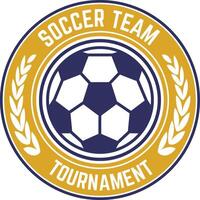 Round gold and blue logo for a soccer team tournament, featuring a soccer ball in the center and two laurel branches on each side, conveying a sense of competition and victory vector