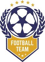 Stylized football team logo featuring a ball encircled by a laurel wreath and stars, complemented by a golden banner displaying the words football team vector