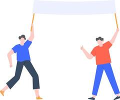 Two activists energetically holding a blank banner, symbolizing unity and protest. The illustration captures the essence of peaceful demonstration, with a focus on collaboration and purpose vector
