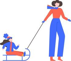 Illustration of a woman pulling a child on a sled. Both are dressed warmly for winter, enjoying outdoor activity. The scene captures the joy and simplicity of winter fun vector