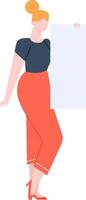 Illustration of a woman in red pants and a black top holding a blank sign. Ideal for themes of activism, protest, or communication, emphasizing expression and participation vector