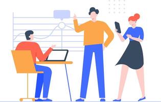 Coworking business team discussing a project in front of a graph, using laptop and tablet, analyzing financial strategy, brainstorming new ideas, working together in coworking space vector