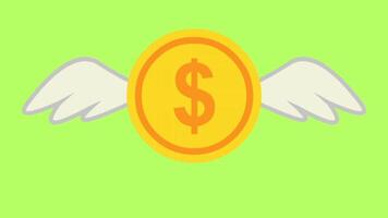 Loop animation winged coin dollar symbol isolated on green screen background video