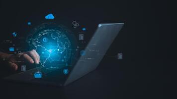 Digital technology, Internet network connection, Big data, Digital marketing IoT internet of things, Human hand using computer connect to information on the cloud computing technology storage network. photo