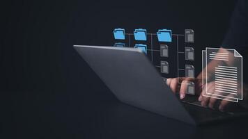 Document management system on computer with document directory. Archiving, Finding, and managing business file information software. Document electronic storage platform technology for the company. photo