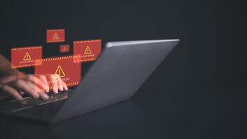 System warning sign for notification, Cyber attack on computer network, System hacked alert due to cyber attack on computer network, Data Protection, Internet virus cyber security and cybercrime. photo