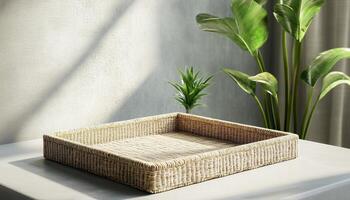 Seagrass square rattan tray traditional pan handcraft basket on table photo