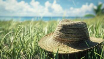Farmer hat from seagrass craft from head protection from sun in garden photo