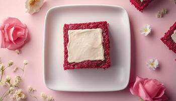 Red velvet cake with beet bar slice on white plate and pink background photo