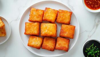 Fish cake dice fried with spicy sauce for simple lunch on white plate photo