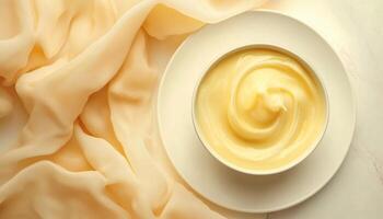 Banana sugar sweet smooth soup on white bowl for simple breakfast photo