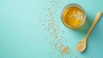 Sesame seed oil natural organic extract seed for cooking on glass jar photo