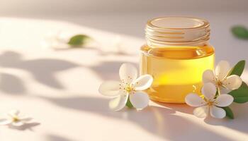 Argan oil on glass jar organic natural extract nut with shadow light photo