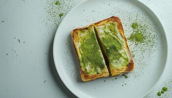 Matcha toast green topping flour and cream for simple breakfast on white plate photo