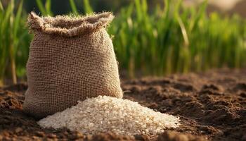 Rice pile seed on sack bag in garden crop after harvesting photo