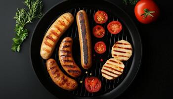 Chicken sausage grill slice baked with tomato, lemon and parsley on iron frying pan dark background photo