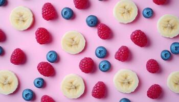 Tropical banana slice, raspberry and blueberry pattern seamless real food with pink background photo