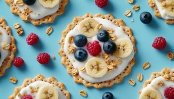 Cracker biscuit with oats, banana slice, raspberry and blueberry organic fruit pattern blue background photo