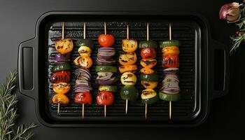 Vegetable slice skewer grill on black pan for healthy dinner at home photo