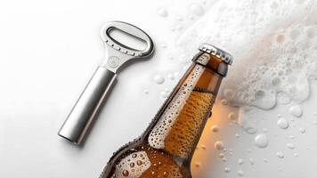 Bottle opener and beer bottle with foam and droplets on white background. photo