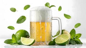 Mug of frothy beer with lime and mint leaves on white background. photo