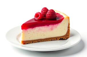 Bright raspberry cheesecake on a white plate on a white background. photo