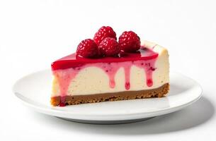 Bright raspberry cheesecake on a white plate on a white background. photo