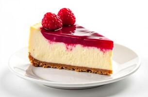 Bright raspberry cheesecake on a white plate on a white background. photo