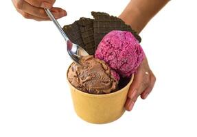 Hand with spoon holding piece of homemade ice crem Tiramisu and Hibiscus isolated on white background photo