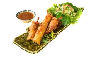 Traditional fried vietnamese spring rolls with pork, shrimp, rice paper isolated on white background top view photo