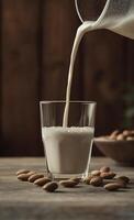 Almond milk is poured into glass, creating creamy texture and refreshing look. scene is warm and inviting, perfect for healthy lifestyle photo