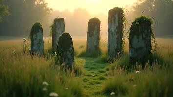 Stones surrounded by tall grass in a sunny field at dawn with soft light photo