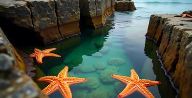 Starfish resting in calm tidal pool near rocky shoreline during daylight photo