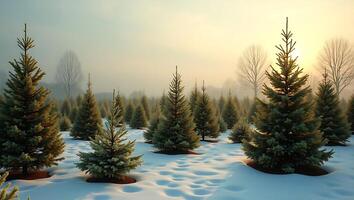 Winter landscape with snow-covered pine trees and soft sunlight photo