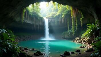 Waterfall cascading into a turquoise pool in a lush cave setting with greenery photo
