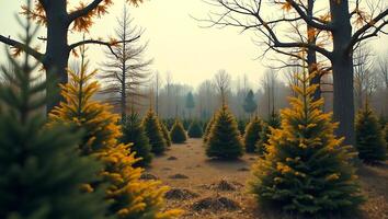 Lush forest of evergreen trees with a golden hue in the afternoon light photo