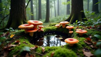 Colorful mushrooms around a small pond in a misty forest setting photo