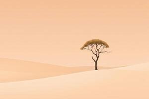 Desaturated Minimalist Digital Artwork of a Lone Tree in a Tranquil Desert Landscape with Soft Pastel Tones Elegant and Serene Nature Illustration with a Dreamlike Aesthetic photo