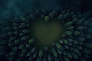 Aerial View of Heart-Shaped Clearing Surrounded by Dense Forest in a Surreal and Dreamlike Digital Art Style Perfect for Romantic and Nature Themes photo