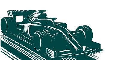 A racing car is shown in a woodcut style on white vector