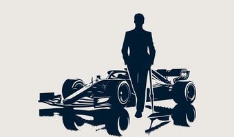 Silhouette of a man standing next to a racing car vector