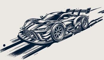 A racing car is shown in a black and white drawing with a gray background. vector