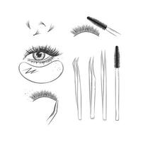 Lashes treatment studio tools collection drawing with black on white background vector