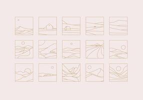 Mountain silhouettes icon set drawing in linear art style on beige background vector