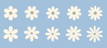 flat style collection of colorful flowers. Floral pattern features whimsical daisies on soft blue background. Perfect for textiles, wallpapers, and cheerful designs. vector